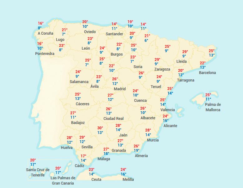 Temperaturas previstas para el viernes. Predicción de Tiempo.com.